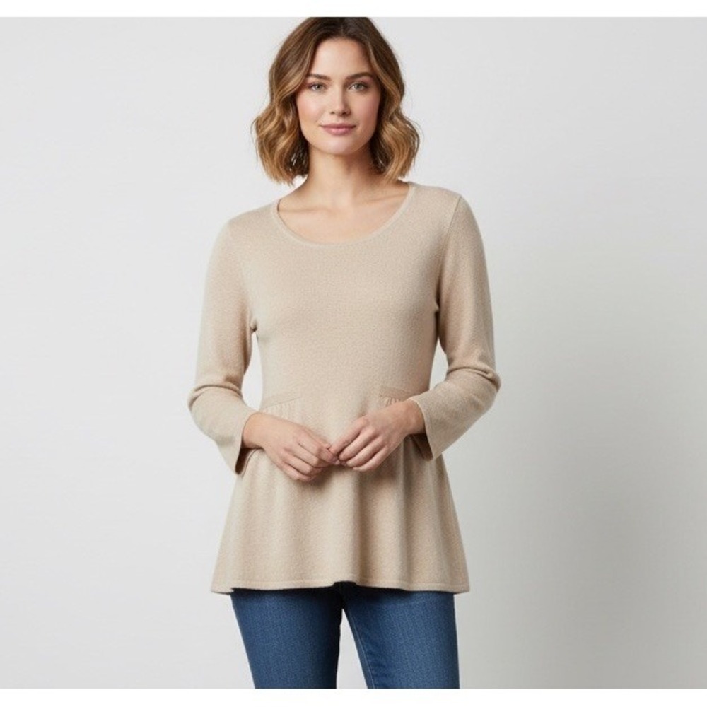 Cashmere Sweater Beige Women's Small J Crew Gathers Waist Tunic 3/4 Sleeve